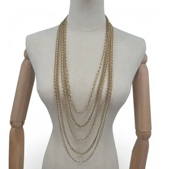 Crown Trifari Multi Strand Chain Statement Necklace Gold Tone 5 Chains Vintage - Picture 9 of 10
